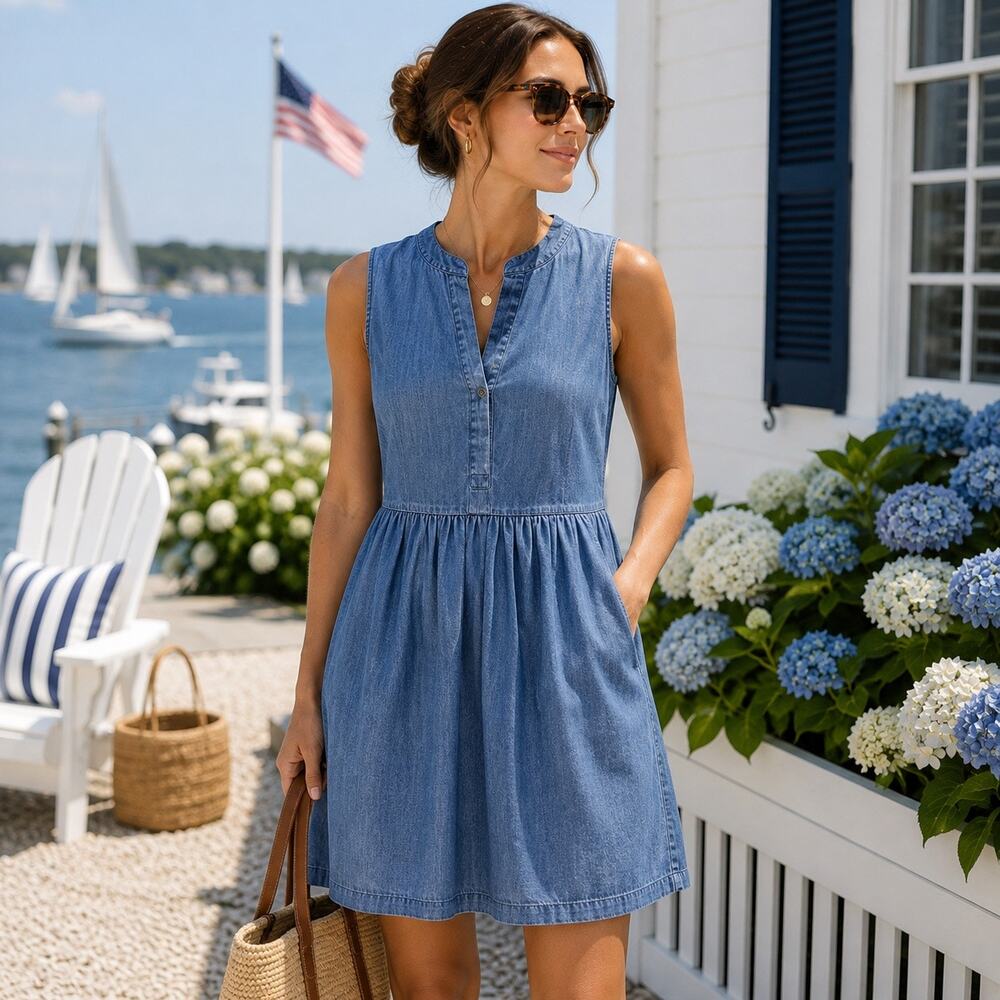 Tommy Hilfiger Chambray Dress Sz L Coastal Sleeveless Preppy Fit Flare Old Money